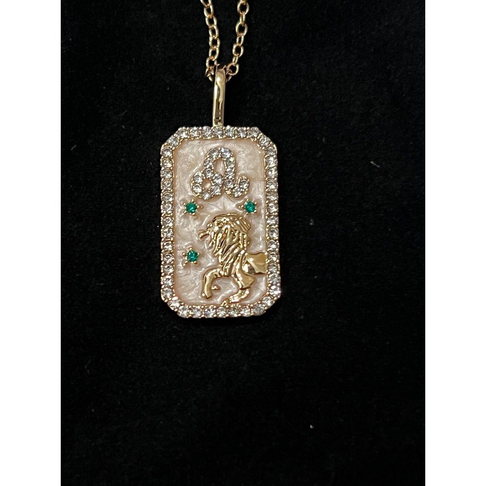 Mayamar Leo Zodiac Necklace 24K Gold Plated Enamel Crystal Emerald Dog Tag Gift